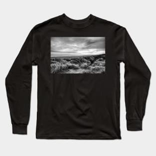 Mablethorpe Sand Dunes, Stormy skies, Black And White Long Sleeve T-Shirt